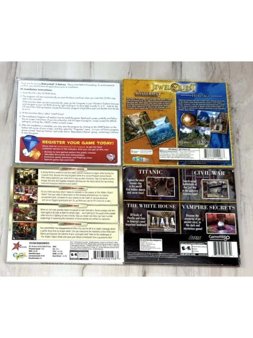 Lot 7 Windows PC GAMES CD-Rom Hidden Mysteries JewelQuest Bejeweled Titanic Card